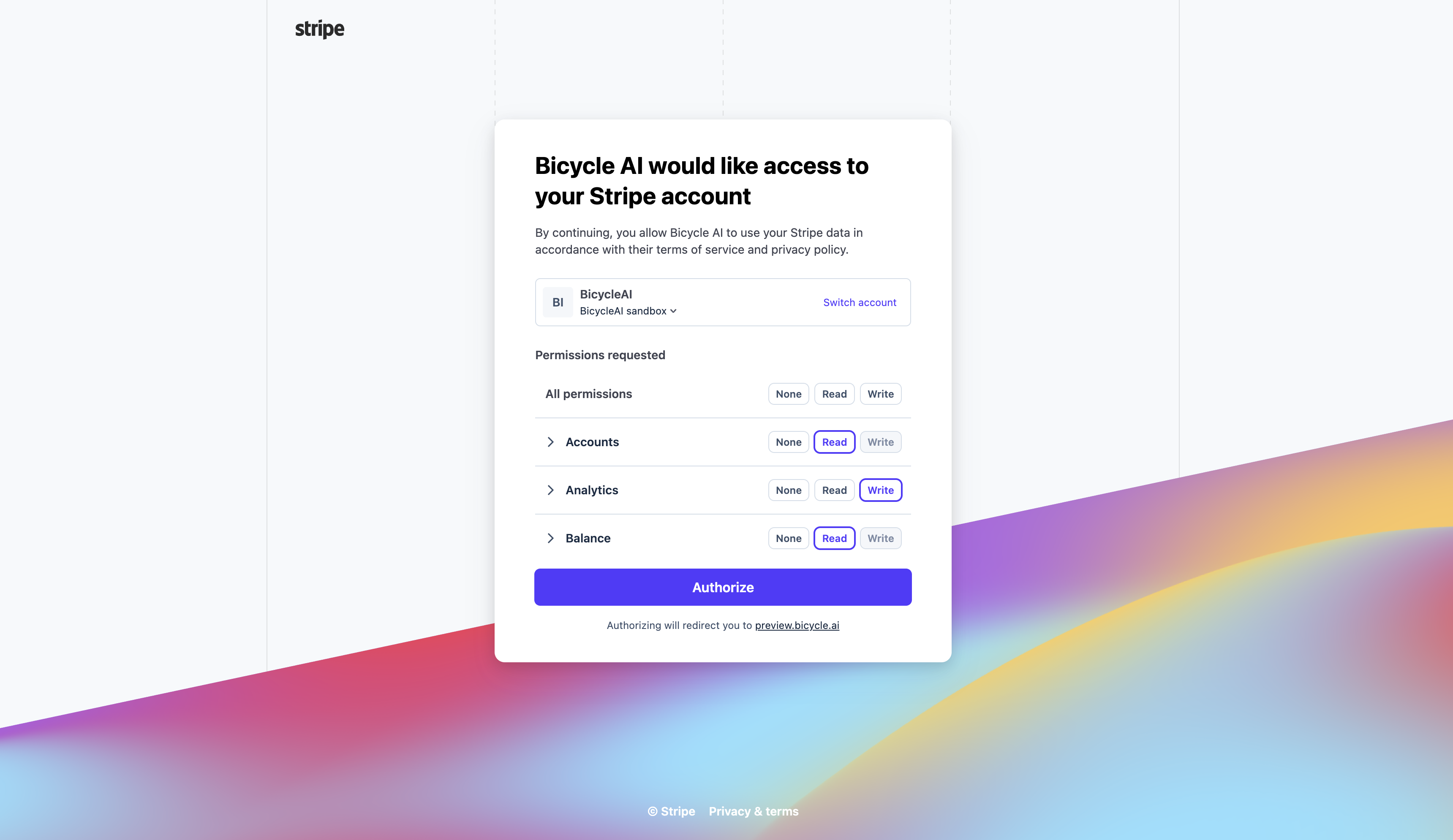 Stripe OAuth consent screen showing the per-resource permission picker