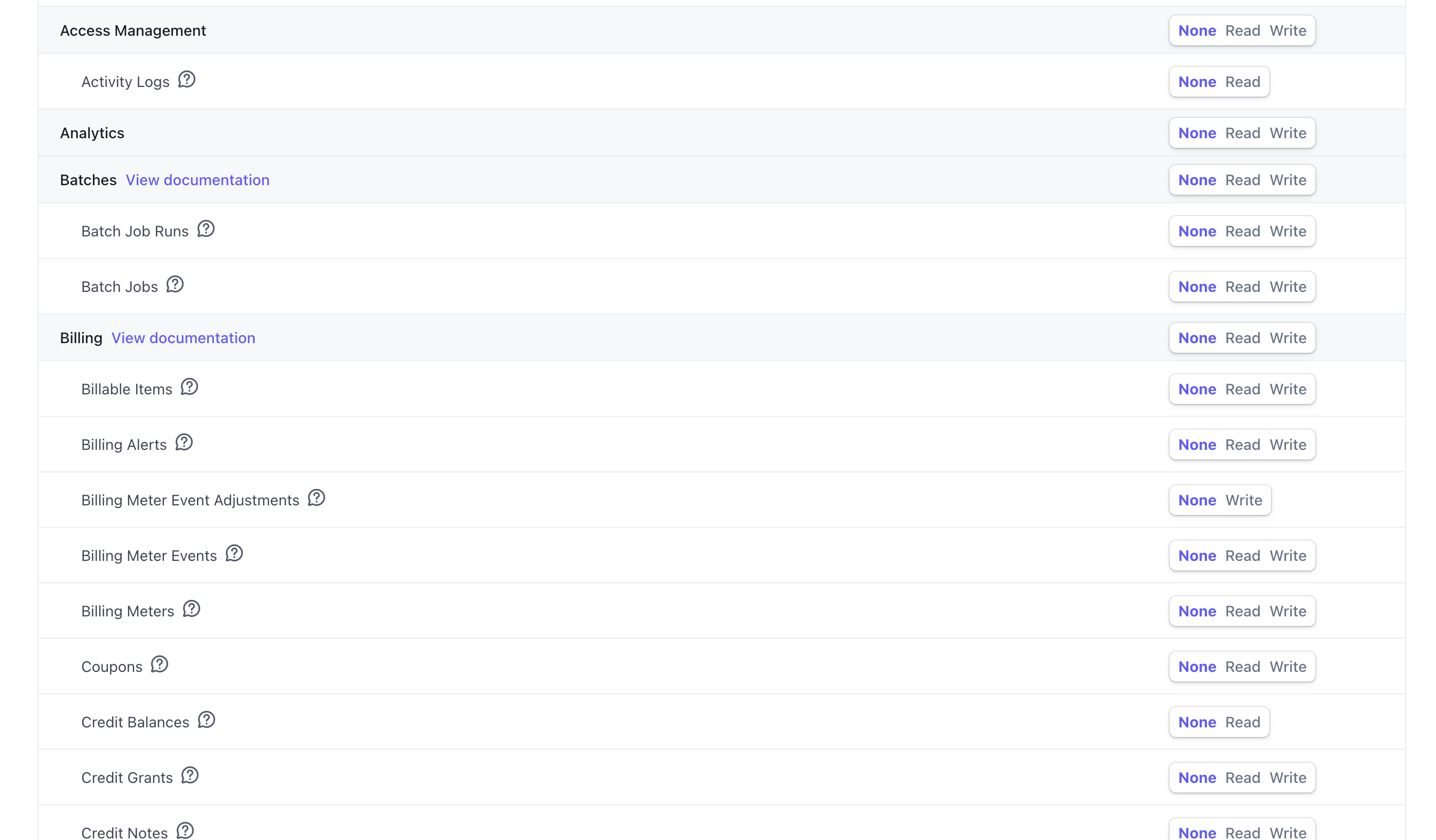 Permission groups such as Access Management, Analytics, Batches, and Billing