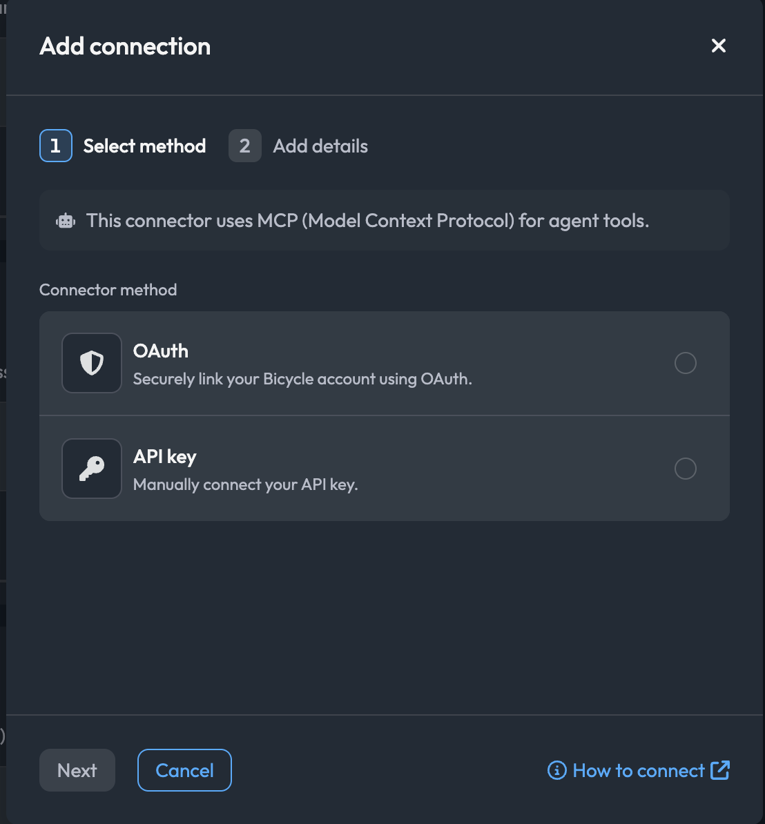 Selecting OAuth or API key as the Stripe connector method